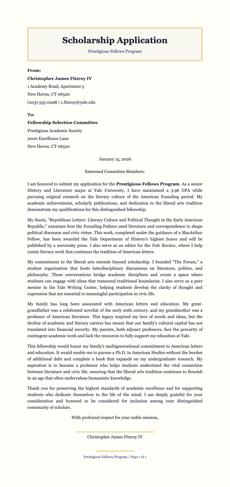 Prestigious Academic Scholarship Letter